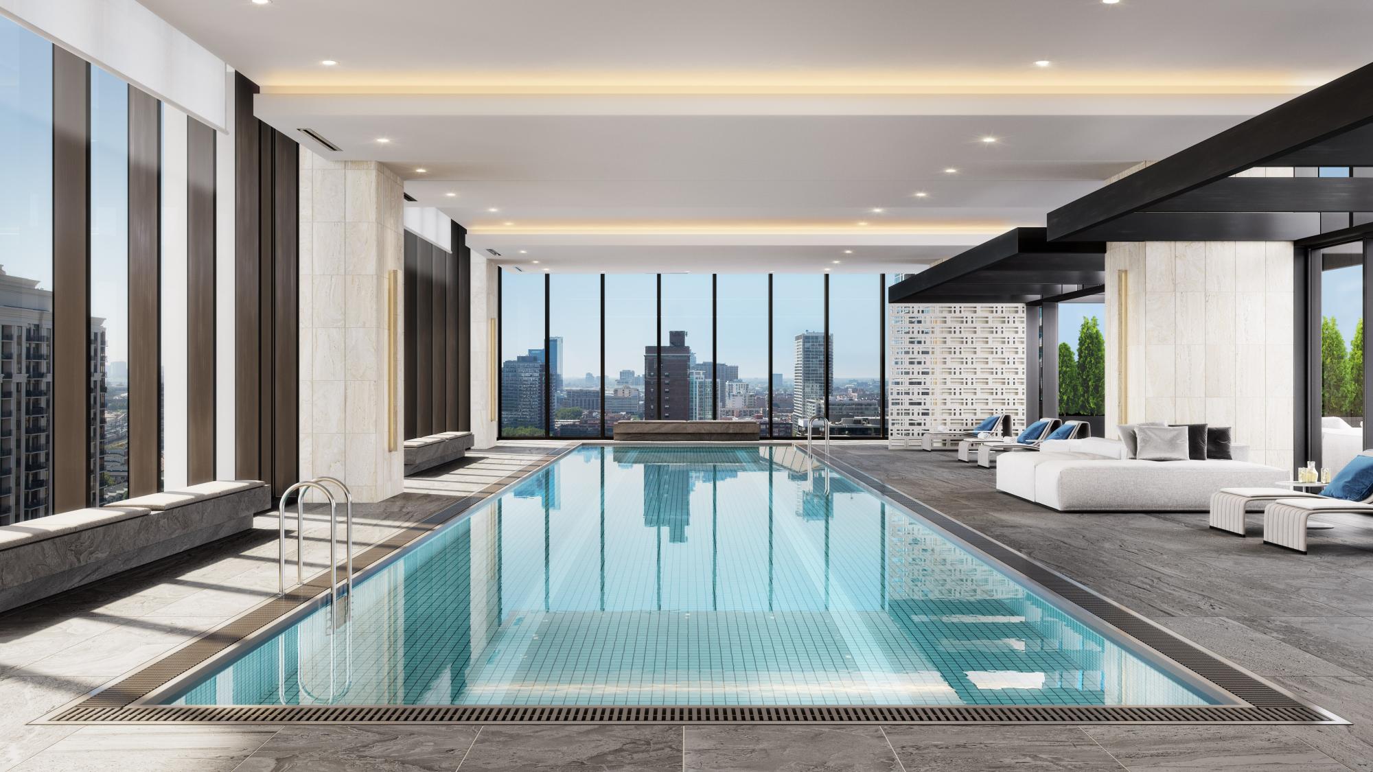 A 75-foot indoor lap pool with floor-to-ceiling windows overlooks Downtown Chicago.